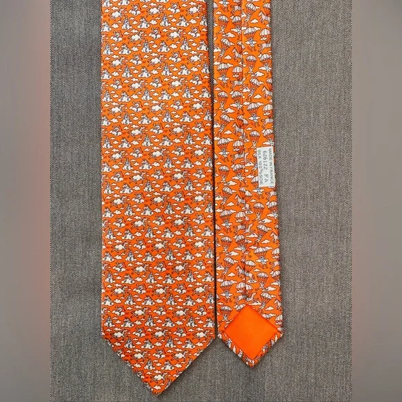 NEW Authentic Hermès Orange Paris Silk Tie Jockey Horse Clouds Print - Picture 5 of 12